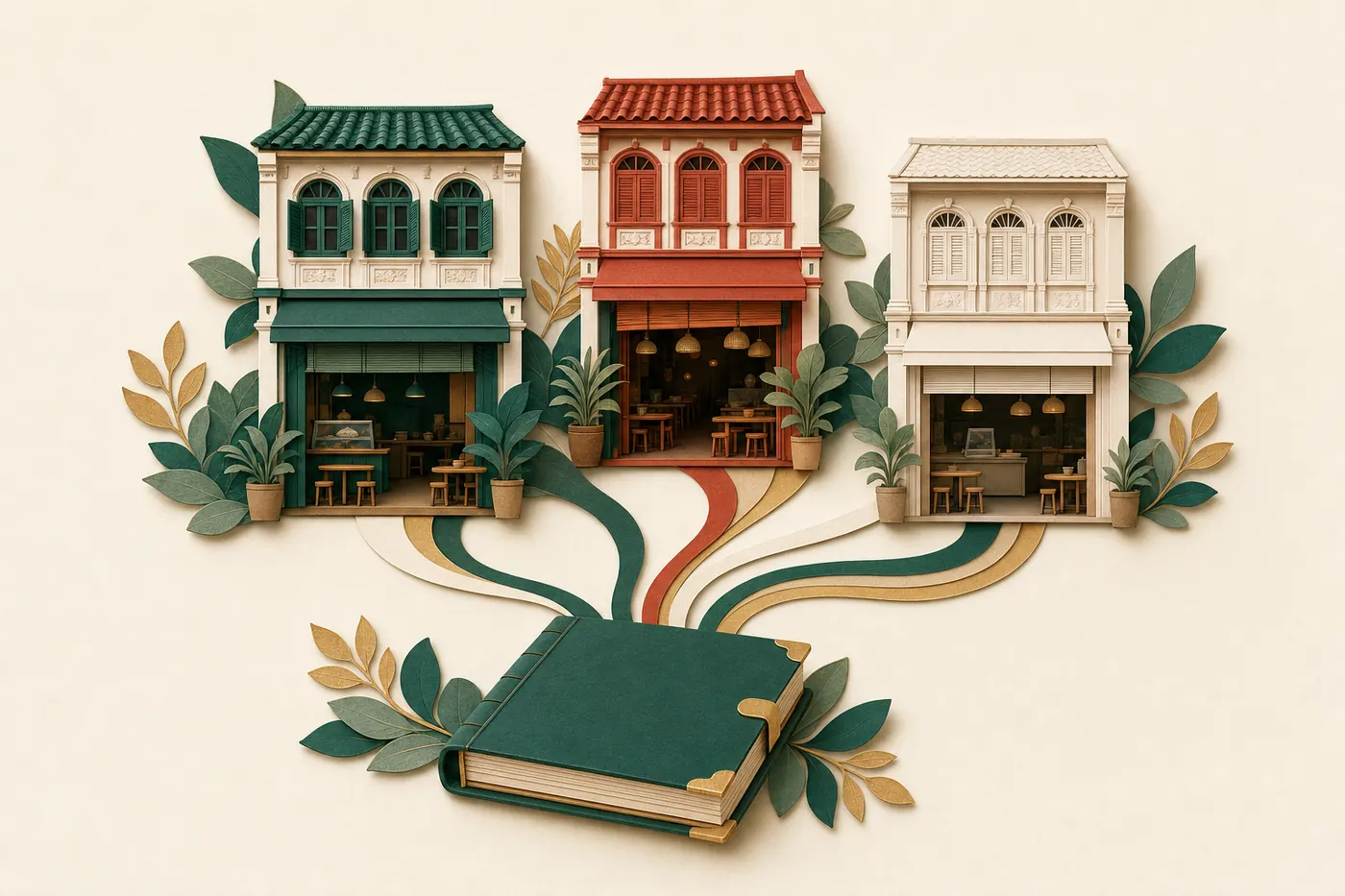 Three Malaysian shophouse restaurants connected by ribbons to a single ledger book