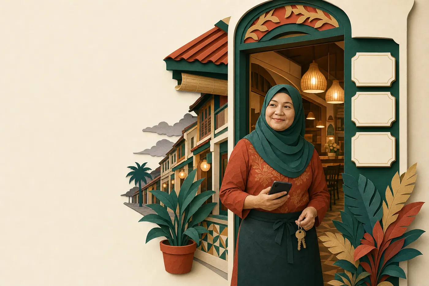 A Malaysian restaurant owner in a hijab at the doorway of her shophouse cafe at dusk, holding a phone and keys