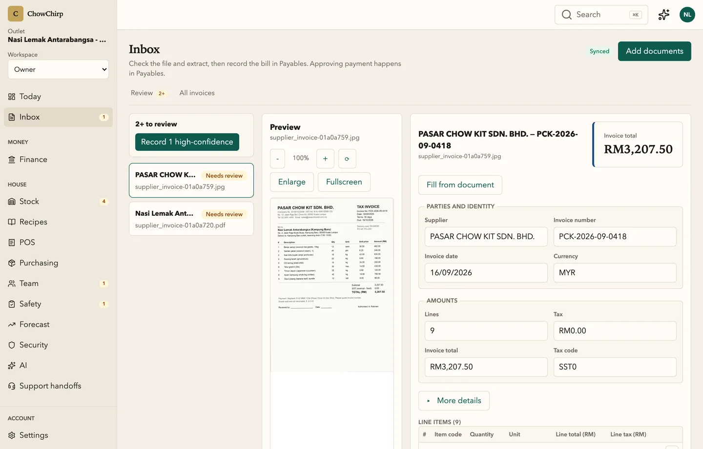 The invoice review screen with the queue on the left, the invoice image in the middle and the extracted fields on the right, showing a Pasar Chow Kit invoice for RM3,207.50 with nine lines